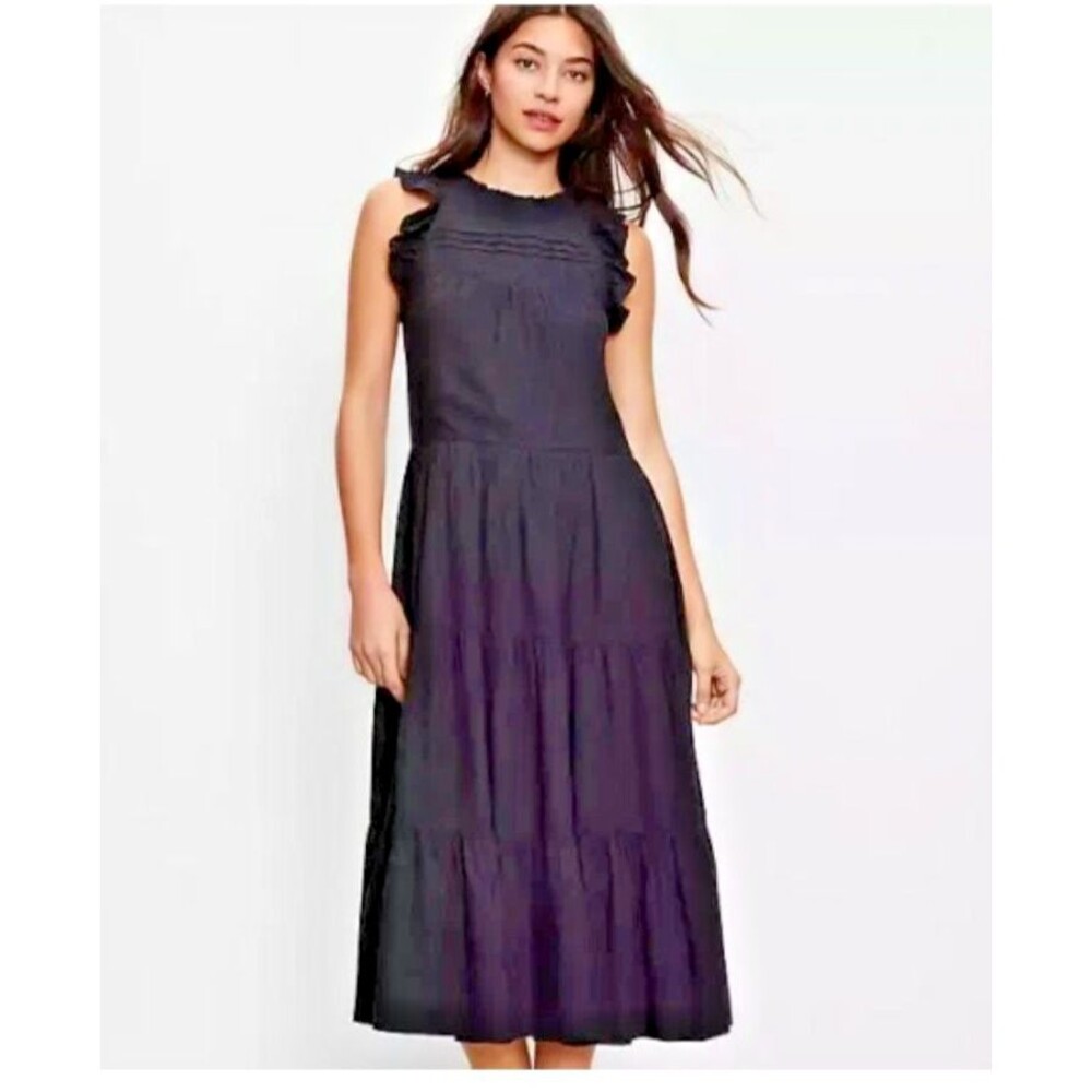 LOFT STRIPED PINTUCKED RUFFLE MIDI DRESS SMALL PETITE MODAL COTTON LINED BOHO